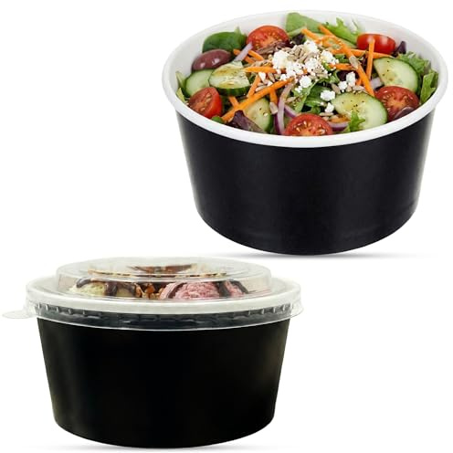 CHEF ROYALE 50x 1000ml Black Salad Paper Bowls with Lids - Takeaway Bowls for Hot/Cold Food - Leakproof Soup Containers for Your Meals