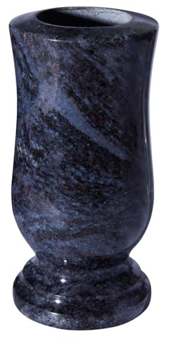 Naturstein Grabvase aus Bahama Blau Granit mit Ablaufloch, Witterungsbeständige Grabschale für Friedhof, 25,5 cm Höhe (1)