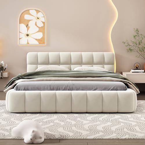 WOBOPCG Polsterbett Doppelbett,Bett 160x200,Flachbett mit Polsterumrandung,Doppelbett mit weicher Rückenlehne,Jugendbett Funktionsbett (Beige+Lin-A, 160x200)