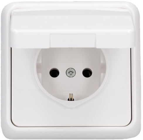 JUNG Serie CD IP44 Klappdeckelset Alpinweiß 1-fach | mit CD1520BFKLWW SCHUKO Klappdeckelsteckdose, 551WU Dichtungsflansch IP44, CD581WW Rahmen 1-fach