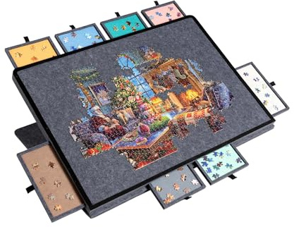 SanCallie Kippbares Puzzlebrett mit 2-in-1-Ständer und Abdeckung, Leichter Filz-Aufbewahrungskoffer mit 8 Schubladen für Erwachsene, tragbarer Puzzletisch für Spiele mit bis zu 1500 Teilen