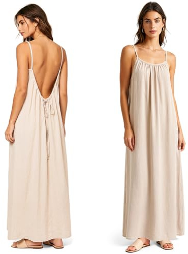 Adiwo Apricot/Brown/Black Dress Long Sundress with Back Tie, Backless Cami Dress for Women, Open Back Lounge Dresses, Cami Lounge Dress for Holiday Beach House, M/L
