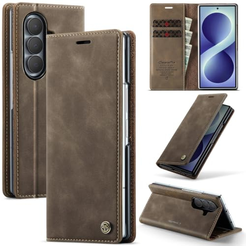 Cracedily Wallet Case for Samsung Galaxy Z Fold 8 Ultra Leather Wallet Flip Cover with Card Holder, Kickstand, Magnetic Closure, RFID Blocking TPU Shockproof Phone Case Compatible with, Coffee