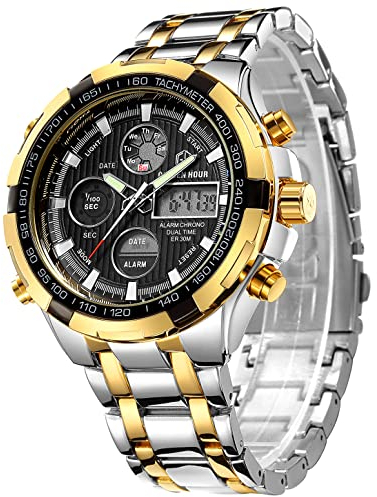GOLDEN HOUR Luxus Edelstahl Analoge Digitaluhren für Herren Herren Outdoor Sport wasserdichte Große Schwere Armbanduhr (Silber Gold Schwarz)