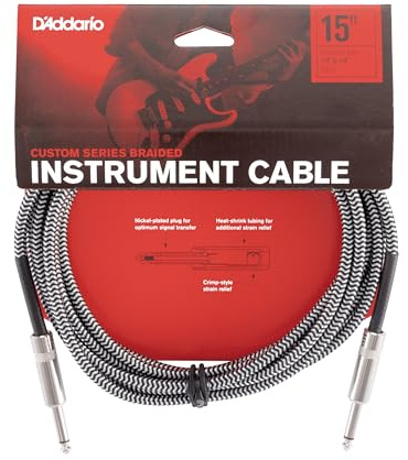 D’Addario Accessories Custom Series Braided Guitar Cable - Instrument Cable with Nickel Plated ¼ Inch Ends - Protects Guitar Cord Against Cuts, Kinking - 15 feet - Grey