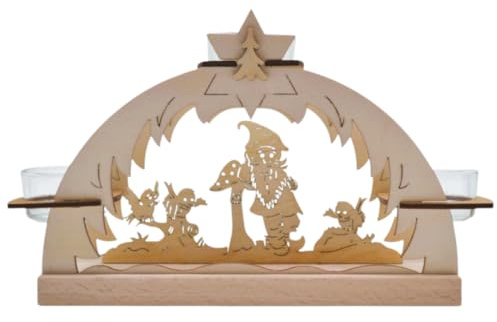 Erzwelt - Teelichtbogen – Holz Teelichthalter – Motiv Zwerg mit Pilz | 14 x 20 x 7 – mit 3 Teelichtgläsern – Fenster- & Tischdeko für Weihnachten – Original Erzgebirge Weihnachtsdeko