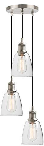 Yosoan Industrial Vintage Loft Bar Chandelier 3 Way Pendant Light Fitting Glass Shade,Hanging Ceiling 3 Light Fixture Chandelier for Kitchen Dining Room Living Room Restaurant Cafe (Brushed)