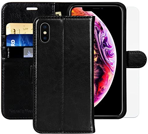MONASAY iPhone XS Wallet Case/iPhone X Wallet Case,5.8-inch [Glass Screen Protector Included] Flip Folio Leather Cell Phone Cover with Credit Card Holder for Apple iPhone XS/X,Black