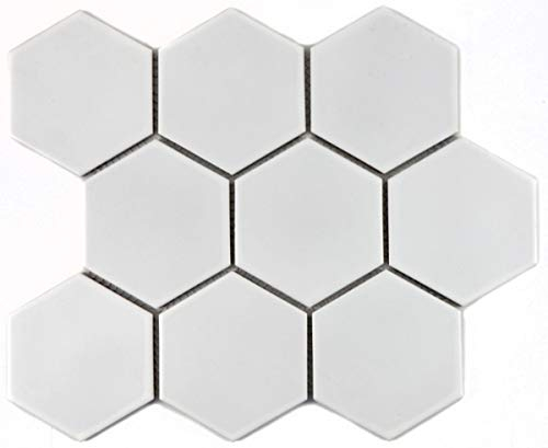 MOS11F-0111 - Piastrella esagonale a mosaico, in ceramica, XL, colore: bianco opaco