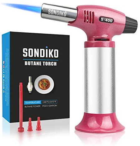 Sondiko Küchenbrenne Flambierbrenner, Nachfüllbar Butan Gasbrenner mit Sicherheitsschloss&Einstellbare Flamme für die Backen, Brulee Creme, BBQ & Basteln(Butan Inbegriffen Nicht)