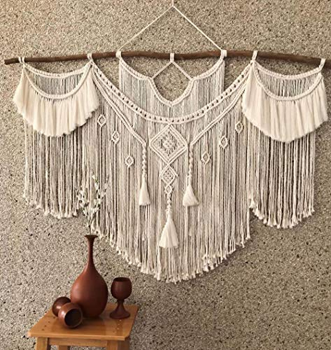 CBXSF Große Makramee Wandbehang Böhmisches Wanddekor Makramee Wandteppich Über dem Kopfteil Kunsthandwerk Gewebter Wandteppich Hochzeit Dekoration Natürlicher Holzstab,97cm B X 80cm L