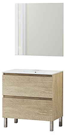 Baikal Set mobile da bagno con lavabo e specchio, con gambe, in varie finiture, melammina 16. Porta + cassetto 80 cm Nature