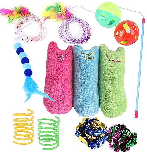 12 Pcs Indoor Cat Toys - Plush Catnip, Teeth Cleaning, Interactive Feather Teaser Wand, Spring Toy for Kittens