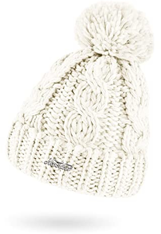 Neverless® Damen Mütze Grobstrick Strick-Bommel Pudelmütze Zopfstrickmuster Wintermütze Umschlag weiß Unisize