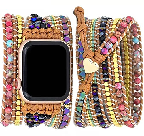 Somesame Compatibile con cinturini per Apple Watch da 41 mm, 40 mm, 38 mm, braccialetti con perline in stile bohémien, multistrato, 5 involucri, in pelle intrecciata a mano, con cuore, arcobaleno, per