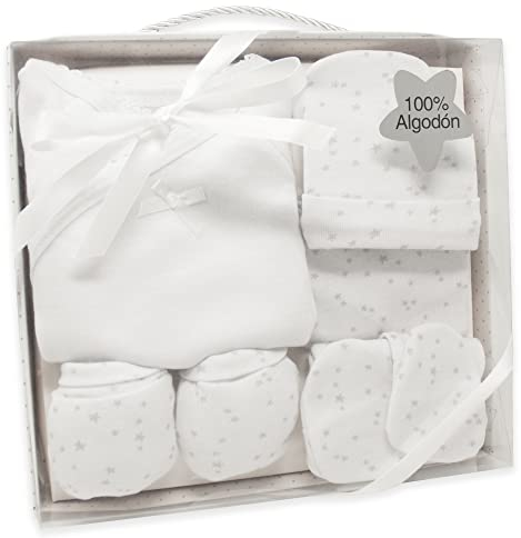 Duffi Baby Set Primera Puesta Bebe Recien Nacido 5 Piezas. Set Regalo Bebe Estrellas. Conjunto Primera Puesta Bebe con Chaquetita, Polaina, Gorro, Babero y Manoplas. 100% Algodon. Color Blanco