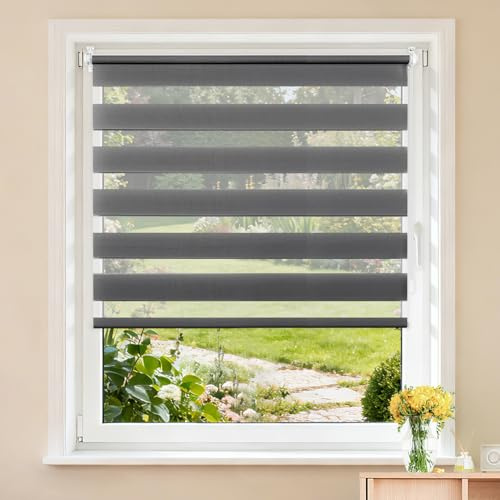 Buseu Store Enrouleur Jour Nuit Sans Perçage, Anthracite, 105 x 220 cm | Largeur du Tissu 105 cm, Rideau Translucide & Occultant, Fixation par Clips, Pour Fenêtre & Porte de Salon, Bureau, Chambre