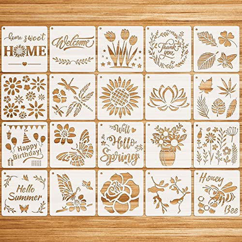 MWOOT 20 Stücke Blumen Schmetterling Stencil Schablonen Zeichnen Set, Kunststoff Wiederzuverwendend Zeichenschablonen Vorlagen für Fußböden, Fenster, Möbel, Holz, Wanddeko, (15x15CM)