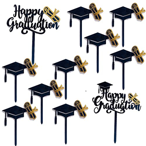 Houhounb Graduation Cake Toppers Geburtstagskuchen Acryl Deko 2 Happy Graduation Cake Topper und 9 Graduation Hat Dekoration für Abschluss Tortenaufsatz Abschluss Aufkleber,Schwarz