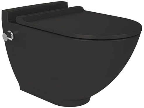 Bien THOR EASY SCHWARZ MATT Taharet Randlos Dusch Hänge Wand WC Bidet Toilette integrierter Kalt & Warm Ventil Mischer Armatur Soft-Close Deckel Spülrandlos, Absenkautomatik, Shattaf