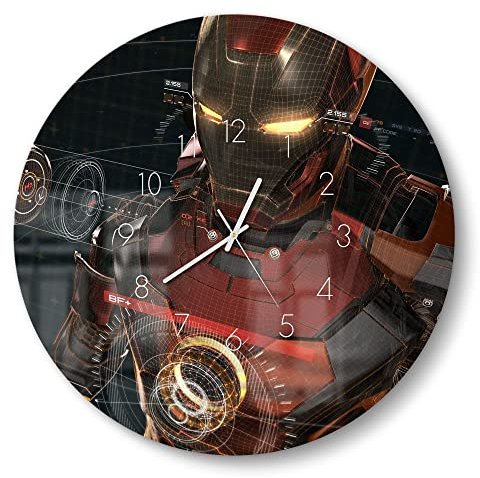 DEQORI Glasuhr | rund Ø 50 cm | Motiv Legendäre Iron Man Anzug | große XXL Design Uhr aus Glas | leise Wanduhr für Wohnzimmer & Küche | Moderne Hingucker Uhr für die Wand