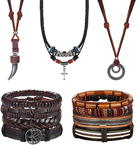 Kakonia 11 Stück Lederarmband Lederkette Herren Damen Schmuck Set Geflochtene Boho Ethnische Wickelarmband Handgefertigte Manschette Verstellbare Armbänder Halskette
