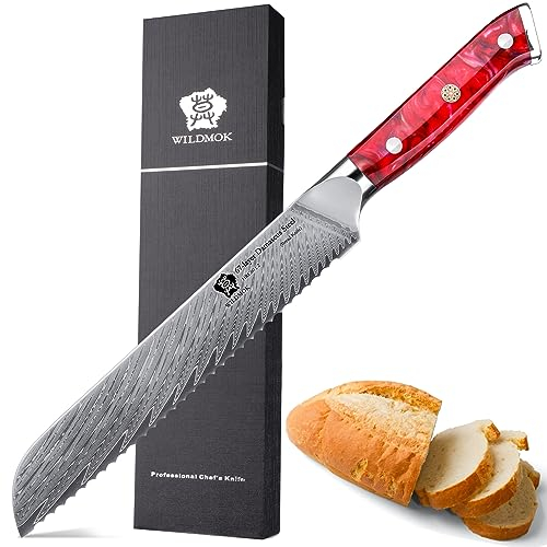 WILDMOK Couteau à pain dentelé 20,3 cm, lame en acier Damas à 67 couches, ergonomique, coupe net, résistant, parfait pour tous types de pains et viennoiseries, cadeau élégant, qualité garantie