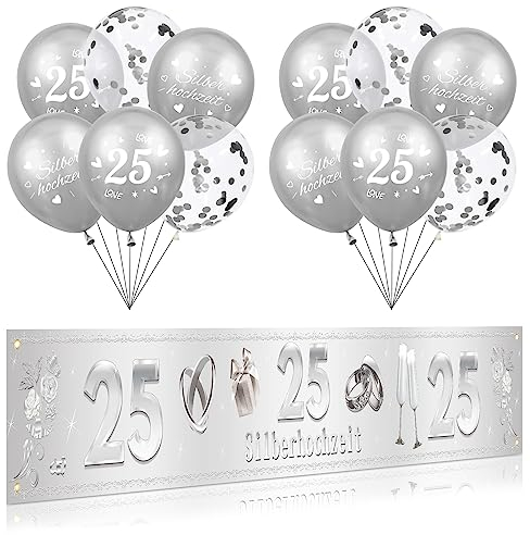 RUMIA 25. Silberhochzeit Dekorationen 25. Silberhochzeit Yard Banner und Silberhochzeit Luftballons für 25. Silberhochzeit Party Dekorationen Zubehör(Stil-B)