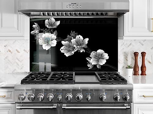 Myphotostation.com 24x24'' Tempered Glass Black Floral Backsplash Design Cooker Wall Backsplash Panel Glass Splashback For Kitchen Stove Back Panel Flower Splashback