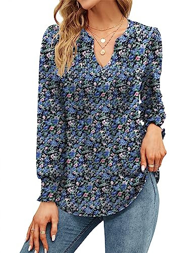 EFFAN Ladies Tops V Neck Long Sleeve Elegant Floaty Floral Printed The Holiday Shirt Casual Xmas Floaty Tunic Blouse, Floral Blue XL (UK 18-20)