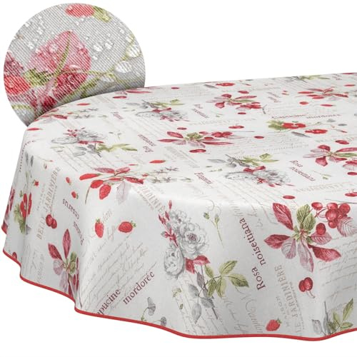 ANRO Tischdecke abwaschbar Beeren mit Saum oval 260x140 cm In-/Outdoor | mit Saum eingefasst – Gartentischdecke wetterfest – Tischwäsche aus beschichtetem Stoff – waschbar bei 30 °C