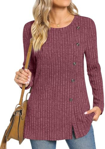TAOHUADAO Women's Long Sleeve Jumpers Crewneck Tunic Tops with Button Sides Loose Casual Fall Sweater Shirts for Leggings XL, Wine Red