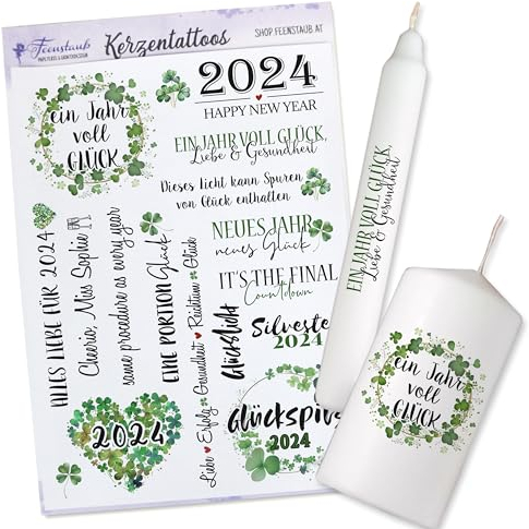 FEENSTAUB Kerzentattoos Silvester, Kerzen Tattoofolie, Mitbringsel zu Silvester, Silvester Kerze 2025, Neues Jahr Geschenk, Kerzen Transferfolie, Silvester Sticker, Silvester Glücksbringer