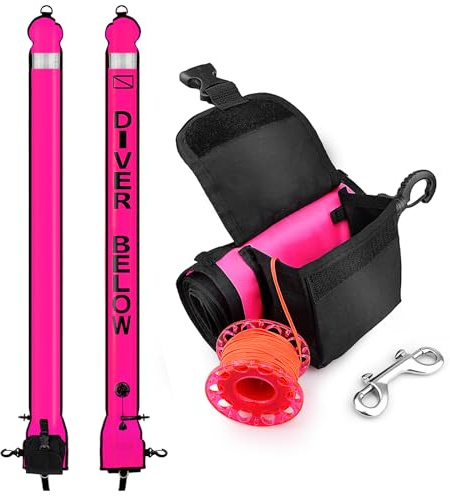 Surface Marker Buoy and Dive Spool Set, 5ft High Visibility Open Bottom Delayed SMB with Reel Storage Bag + 100ft Diving Spool Reel and Clip