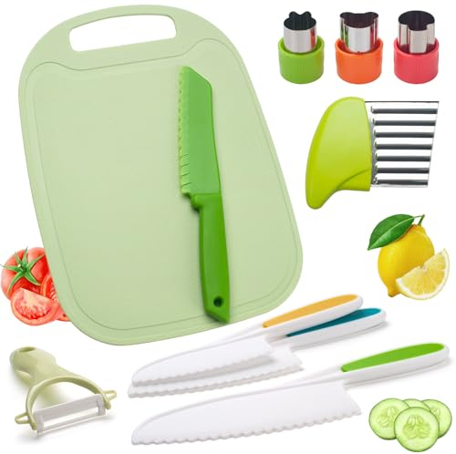 ONUPGO10Pcs Kids Kitchen Knife Set, Kids Knives for Real Cooking with Cutting Board Y Peeler Crinkle Cutter,Safe Plastic Toddler Knife for Cutting, Montessori Kitchen Tools Toys for Boy Girls Gifts