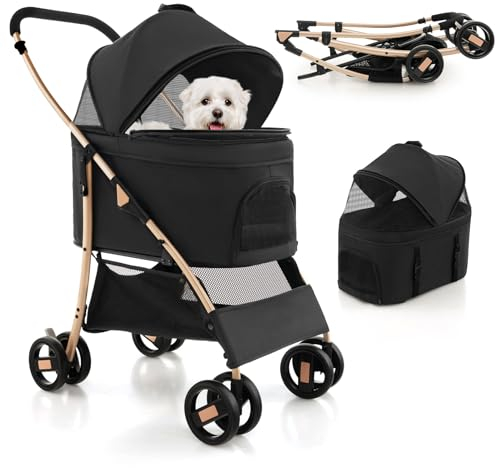 COSTWAY 3 in 1 Hundewagen, Hundebuggy klappbar, bis 15 kg, Haustierwagen mit Netzfenstern | verstellbarem Vordach | abnehmbarem Träger & Korb, Haustiere Buggy für kleine Hunde Katzen (Schwarz)
