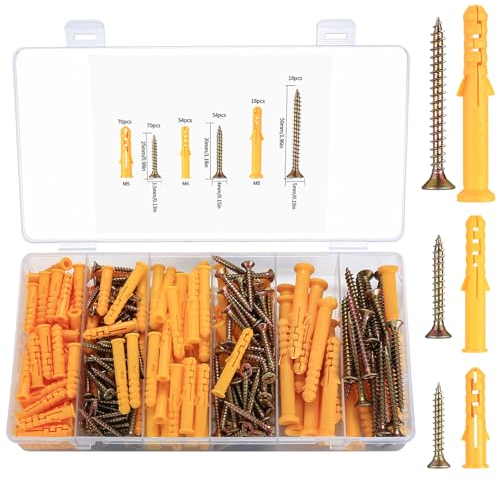 284 Pezzi Tasselli con Vite Set per Cartongesso, Viti Metalliche Autofilettanti e Tasselli in Plastica, Viti Autoperforanti con Tasselli di Espansione a Muro per Legno,M3.5/M4/M5/M6/M8(giallo)