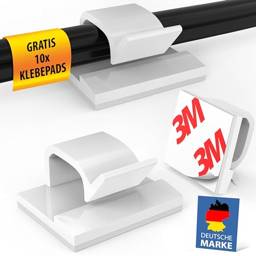 MEISTERWERK Kabelhalter Selbstklebend [STARKER 3M KLEBER] – 50 Stück I (Weiß, Groß) - Kabelclips für Kabelmanagement I Outdoor Kabel Clips mit Klebebändern – Kabelklemmen