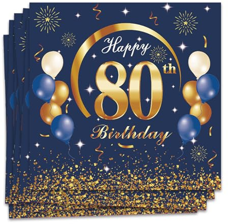 MORAINJAY 80 Geburtstag Papierserviette,20 Stück Blau mit Gold Geburtstagsservietten für Mann Frau 80 Party,16.5cm Quadrat Servietten für 80. Geburtstag Party Deko