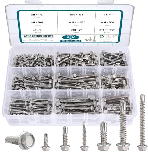 SATANTECH Kit assortito di viti autoperforanti #8#10#14, viti autofilettanti in acciaio inossidabile 410, testa esagonale a rondella esagonale, 370 viti autofilettanti per metallo, legno, plastica, 1