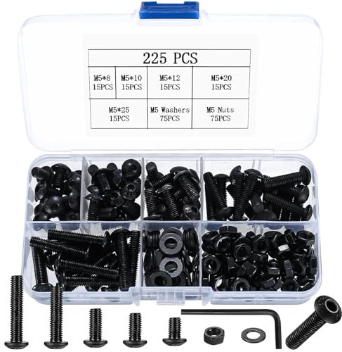 225 Pcs M5 Boulons et Écrous, Vis à Tête Hexagonale et Écrous, Boulons Vis à Six Pans Creux et Écrous avec Rondelles Kit, Vis Boulons à Tête Cylindrique Hexagonale Noire pour Vélo, Moto