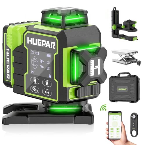 Huepar 2024 Nuova Edizione W04CG Livella Laser 4D, Livella Laser con Display LCD con Base Motore Rotante, Laser a Linea Trasversale Autolivellante a 360° - Telecomando Bluetooth, Modalità a Impulsi