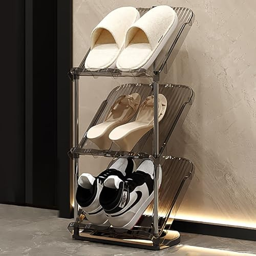 Schuhregal mit 3 Ebenen, Schuhablage Platzsparend, Schuhaufbewahrung, Schuhständer Klein, Shoe Rack für Flur, Wohnzimmer, Schlafzimmer, Eingangsbereich, Schlafsaal, Transparentes Grau, 28×21×72cm