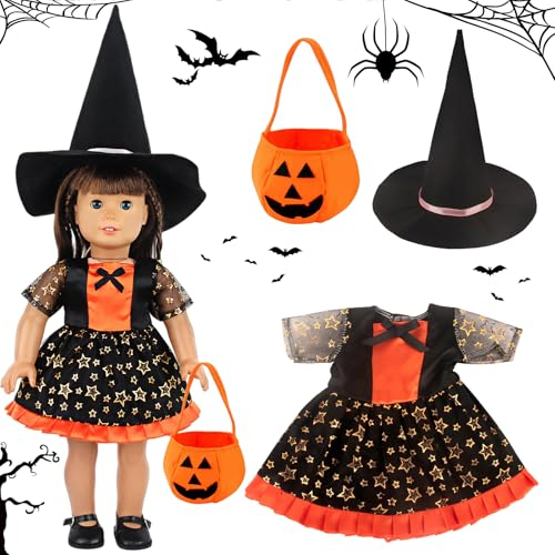 Puppenkleidung Halloween, Halloween-PuppenKostüm, 18 Zoll Puppen Dress Up Kostüm, Puppen Kleidung, Puppenkleider Hexenhut Kleid Spielzeug für Halloween Karneval Fasching Maskerade Hexennacht Cosplay