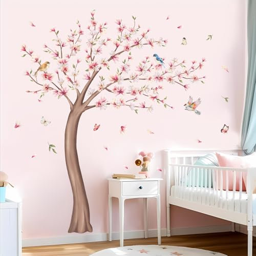 Tanlaby Fleurs Arbre Rose Décoration Murale Grand Branche de Fleurs Autocollant Mural Oiseaux et Branche Stickers Muraux pour Chambre Salon Chambre Enfants Bébé Pépinière Mur TV