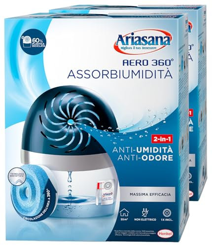 Ariasana Aero 360° Assorbiumidità Antiodore 2in1 Deumidificatore in Plastica Riciclata Non Elettrico Previene Condensa Muffa Cattivi Odori con Ricarica Tab da 450g - 2 Deumidificatori