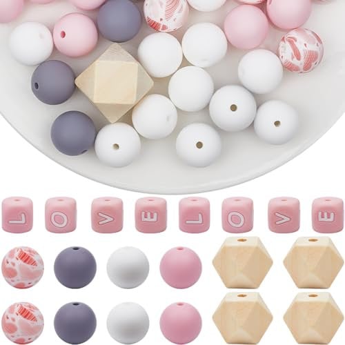SOFPLATE 80Pcs Pink Silicone Beads Bulk Silicone Alphabet Bead Valentine's Day Love Letter Word Colorful Assorted 15mm Round Cube Loose Bead for Jewelry Making Keychains Lanyards Bracelet DIY Crafts