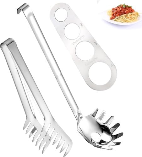 Tomuvpzn Pasta Löffel aus Edelstahl, 3 Stück Spaghettilöffel,Spaghetti Portionierer und Nudelzange Server Set,Serviergabel mit Zähnen, Spaghettizange, Geeignet zum Backen und Kochen von Nudeln