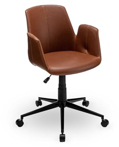 Demeyere Bürostuhl aus Leder mit 5 Rollen, bequem & elegant, Vintage-Stil, Farbe: braun & mattschwarzes Gestell, 66 x 81/92 x 65 cm, kleine Ausführung