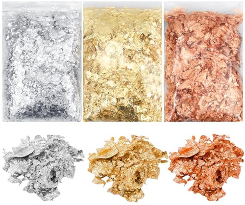 Dewocke Imitation Goldfolie Flakes 30g Set - Gold, Silber, Kupfer - Blattgold zum Basteln, Blattmetall Kunsthandwerk für DIY Basteln, Nagelkunst, Epoxidharz, Malerei, Dekoration